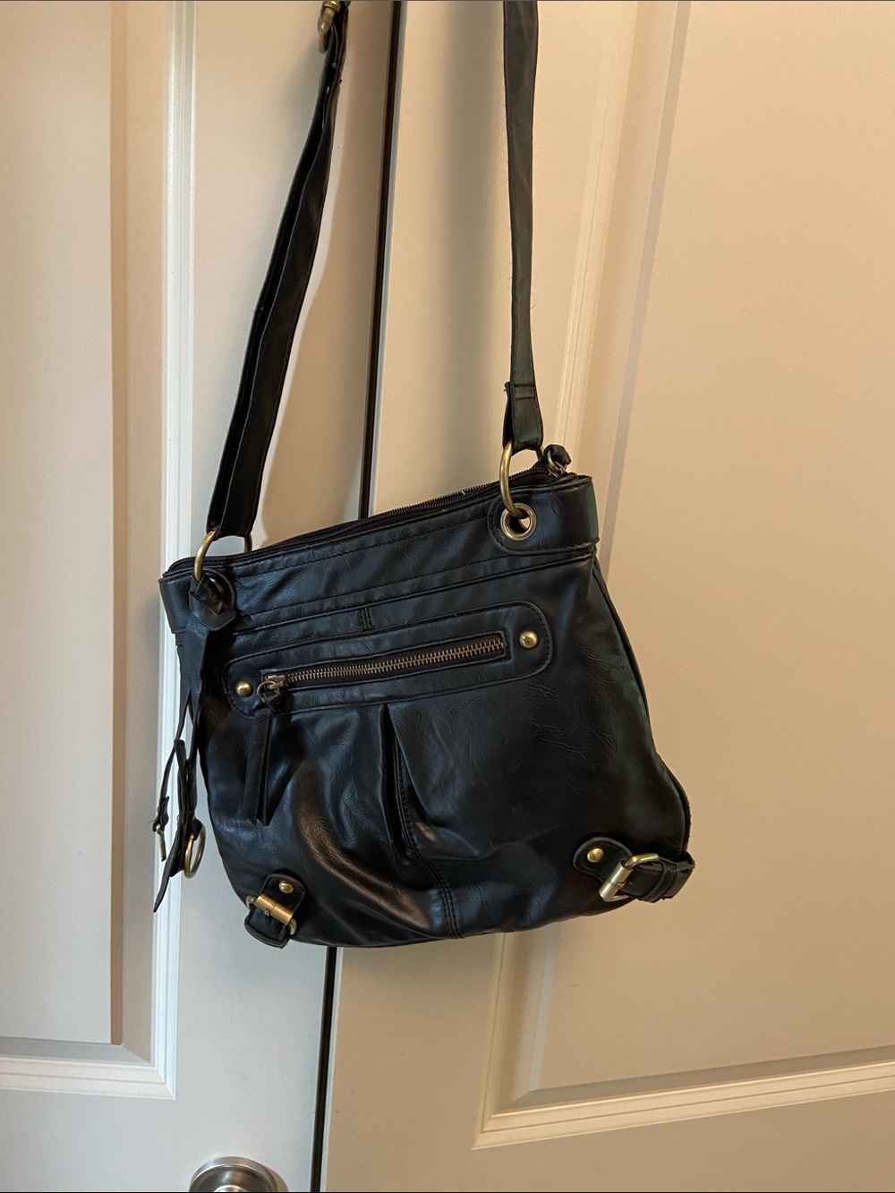 Nine West Black Leather Crossbody Bag with Brass Accents